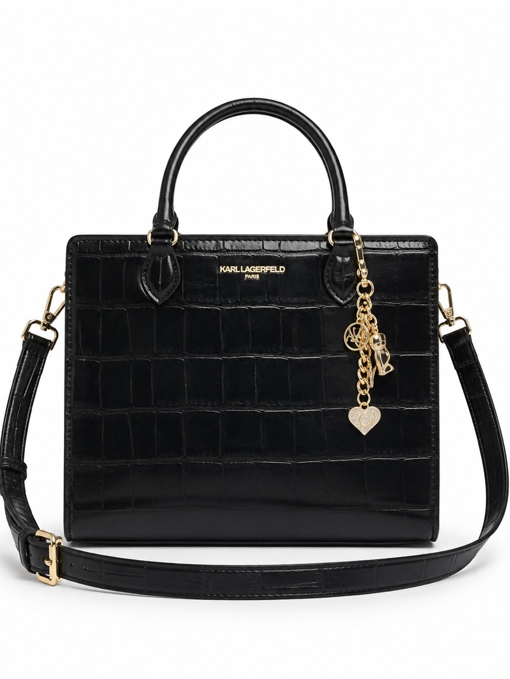 Karl Lagerfeld Black Croc-Embossed Satchel with Gold Charm